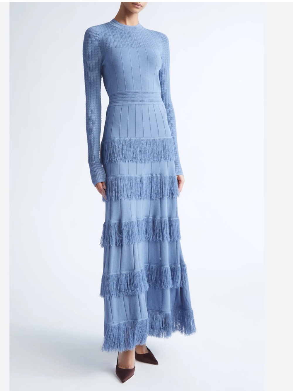 Piper Fringe Long Sleeve Sweater Dress - Light Blue